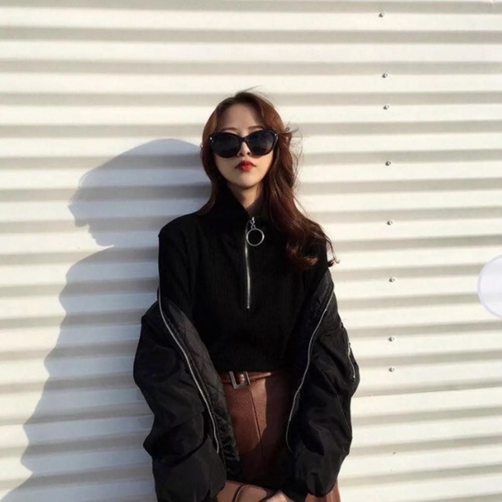 Black Turtleneck Rib Knit Zip Long Sleeve Yesstyle